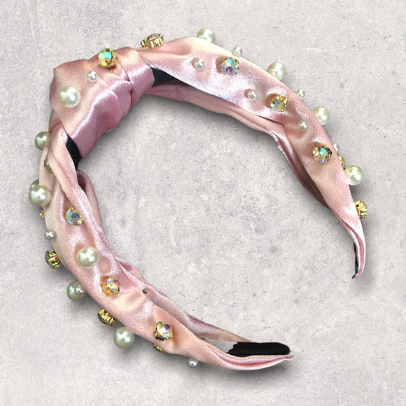 ⭐️ Brand New - Satin Top Knot Headband with Pearls in Pink - Picture 1 of 5